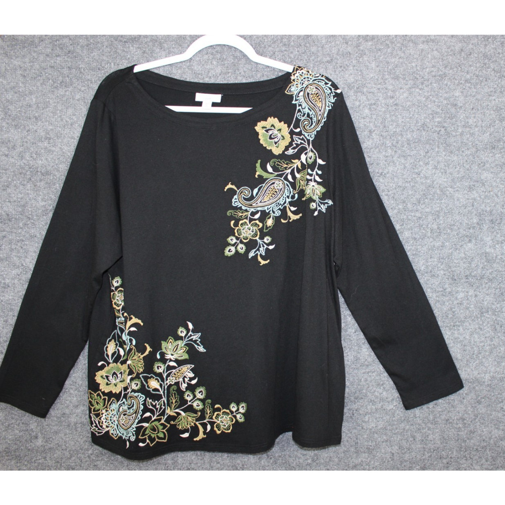 J JILL Embroidered Top Women's Size XL Petite Black Floral Paisley Long Sleeve - Picture 4 of 7